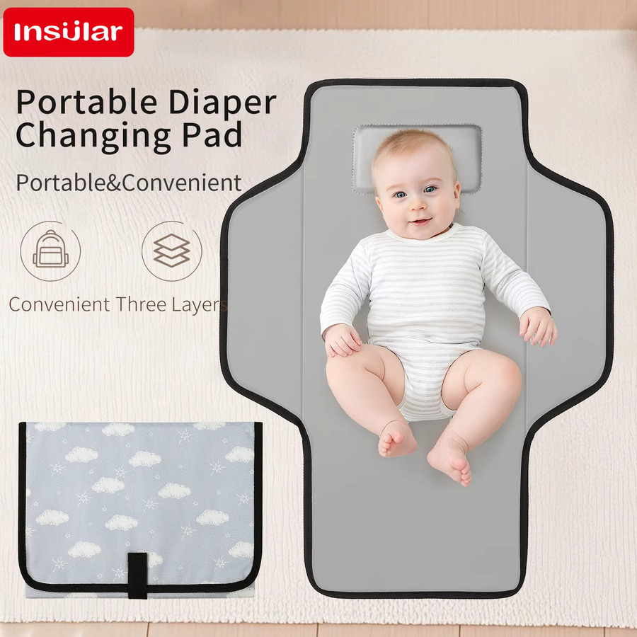 Tragbare und faltbare Baby-Wickelunterlage von Insular, wasserdichte Wickelmatte aus Polyesterfaser für unterwegs, erhältlich in Grün und Grau - Bild 2