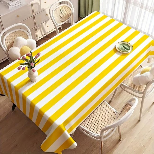 JINGYUE Pet Tischdecke aus Polyester mit gelb-weißem Streifenmuster, wasserabweisend und waschbar, B/L: 100 x 160 cm - Bild 1