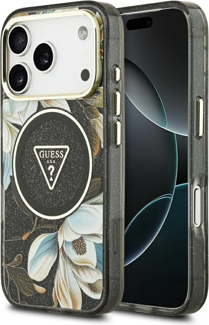 Guess MagSafe-Hülle für Apple iPhone 18 Pro in Schwarz mit IML Metal Glitter Flowers Triangle Design - Bild 1