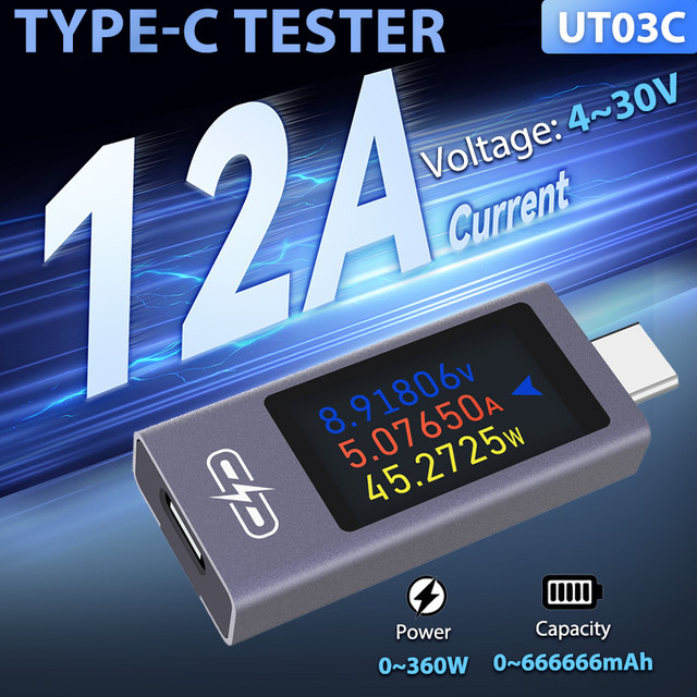 POROMETISTO UT03C Typ-C Multifunktions-Digital-DC-Spannungs-Amperemeter und Leistungsmesser mit USB-Tester und Schnellladefunktion (4-30 V, 0-12 A) - Bild 1