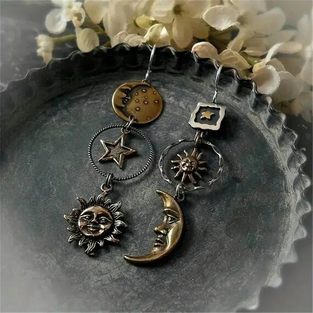 Ambiel Charm Ohrringe, Asymmetrische Sonne Mond, Schwarz, Bronze, Damen - Bild 1