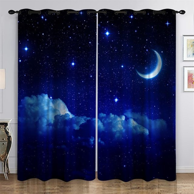 Yiran Furniture Fenstervorhänge mit Weltraum-Sternenhimmel und Galaxy-Universum Design, 2er-Set, Blau, halbtransparent, Breite: 65 cm, Höhe: 60 cm - Bild 1