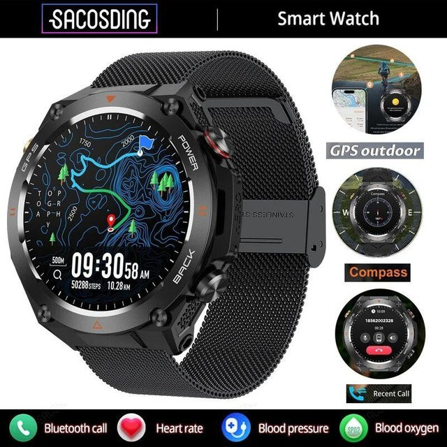 SACOSDING Smartwatch, GPS, 1 ATM, Edelstahl, Schwarz, Unisex - Bild 1
