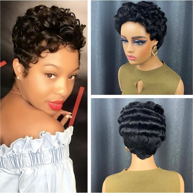 OYM HAIR Remy-Echthaar-Perücke, Pixie-Schnitt, schwarz, kurz, lockig, Damen - Bild 1