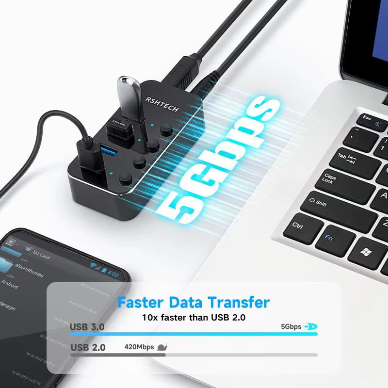 RSHTECH USB-Hub aus Aluminium mit 5 Gbit/s, USB 3.0 Splitter mit 2-in-1 USB Typ-A und Typ-C Kabel, Farbe: Silber - Bild 2