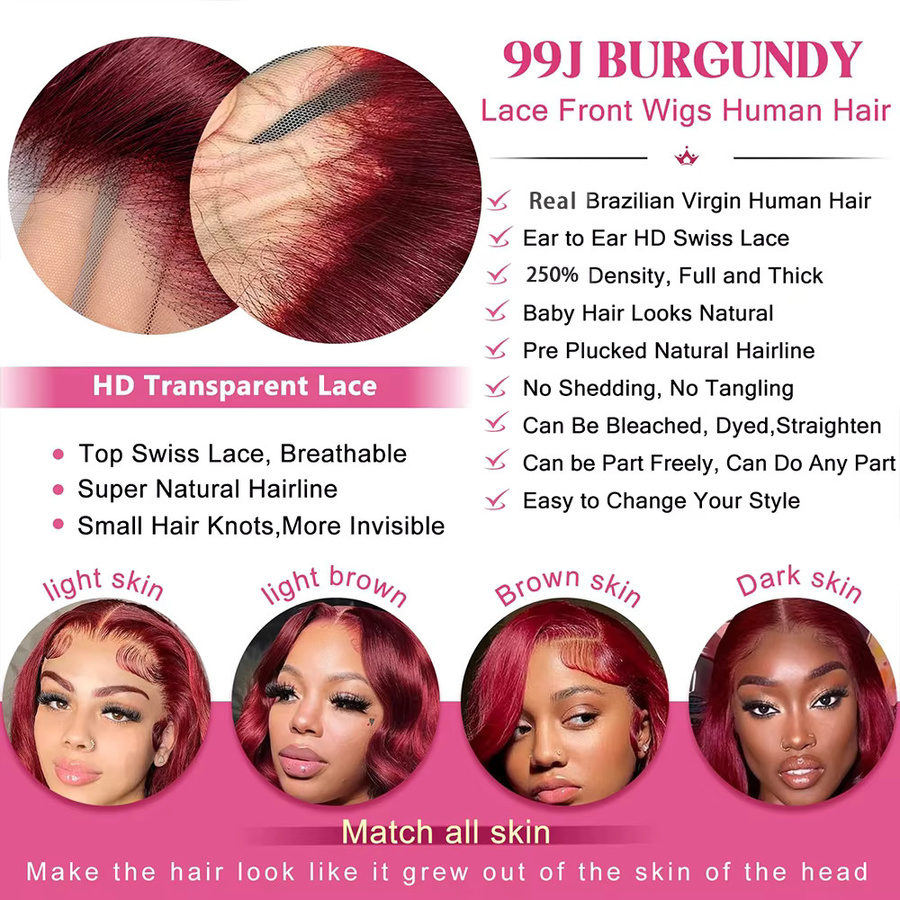 Echthaar-Perücke, 34 Zoll, Burgunderrot, 250% Dichte, Body Wave, HD Lace Frontal - Bild 4