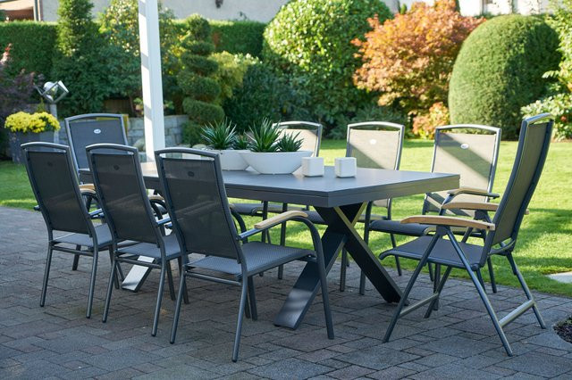Hartman Garten-Essgruppe Xanadu / Raffaelo in Xerix/Anthrazit aus Aluminium und Glaskeramik mit 6 Stapelsesseln und 2 Klappstühlen, Tisch B: 220-280 cm, B/T/H: 280 x 100 cm - Bild 1