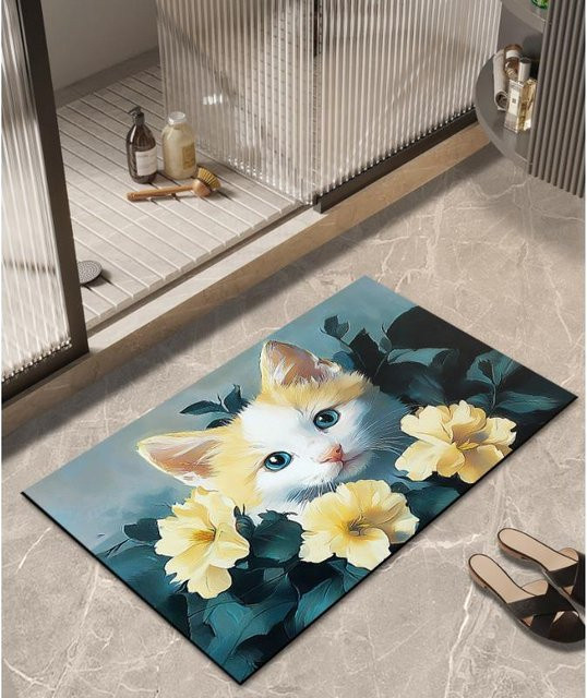 Wasserabsorbierende Kieselgur-Bodenmatte mit Tiermotiv, rutschfest und schnelltrocknend, Farbe: Weiß, B/T: 60 x 40 cm - Bild 1