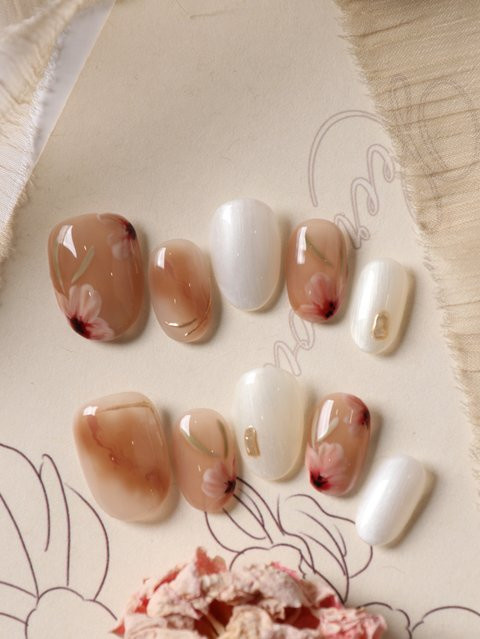 XEERCOOU Press-on-Nägel, braun, Halation-Blumen, glänzend, 10 Stück - Bild 1