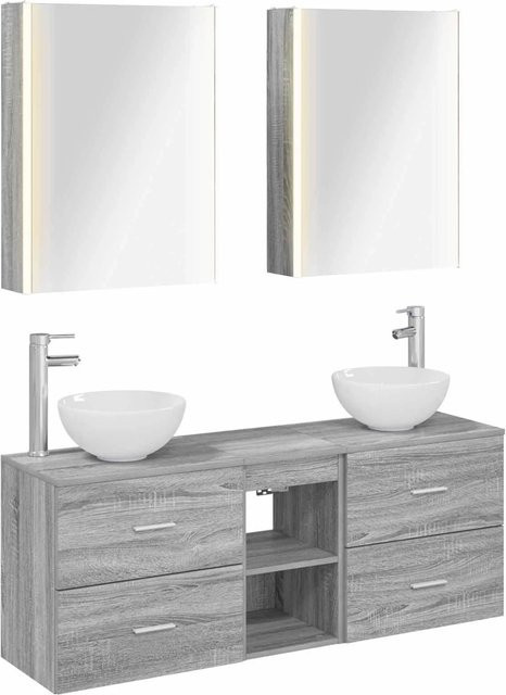 vidaXL Badezimmerschrank-Set 5-teilig in Grau Sonoma, bestehend aus Waschtischunterschrank, Wandunterschrank und Spiegelschrank mit LED-Beleuchtung - Bild 1