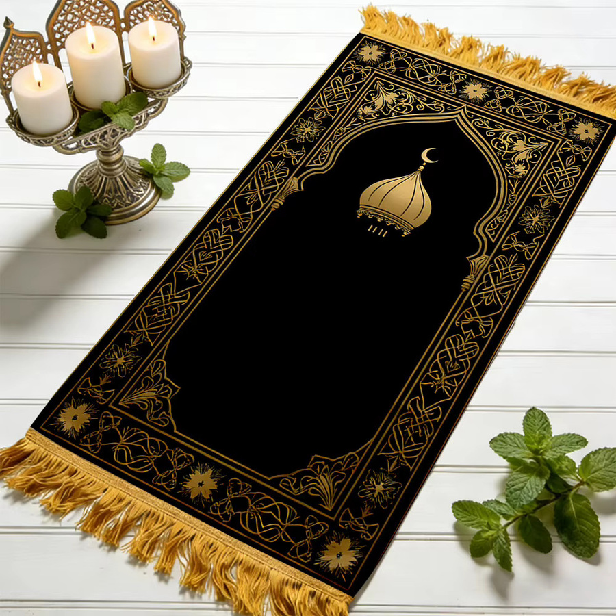 VIKAMA Gebetsteppich mit Kuppel-Design in Schwarz-Gold, tragbare orientalische Salah-Matte für Erwachsene - Bild 3
