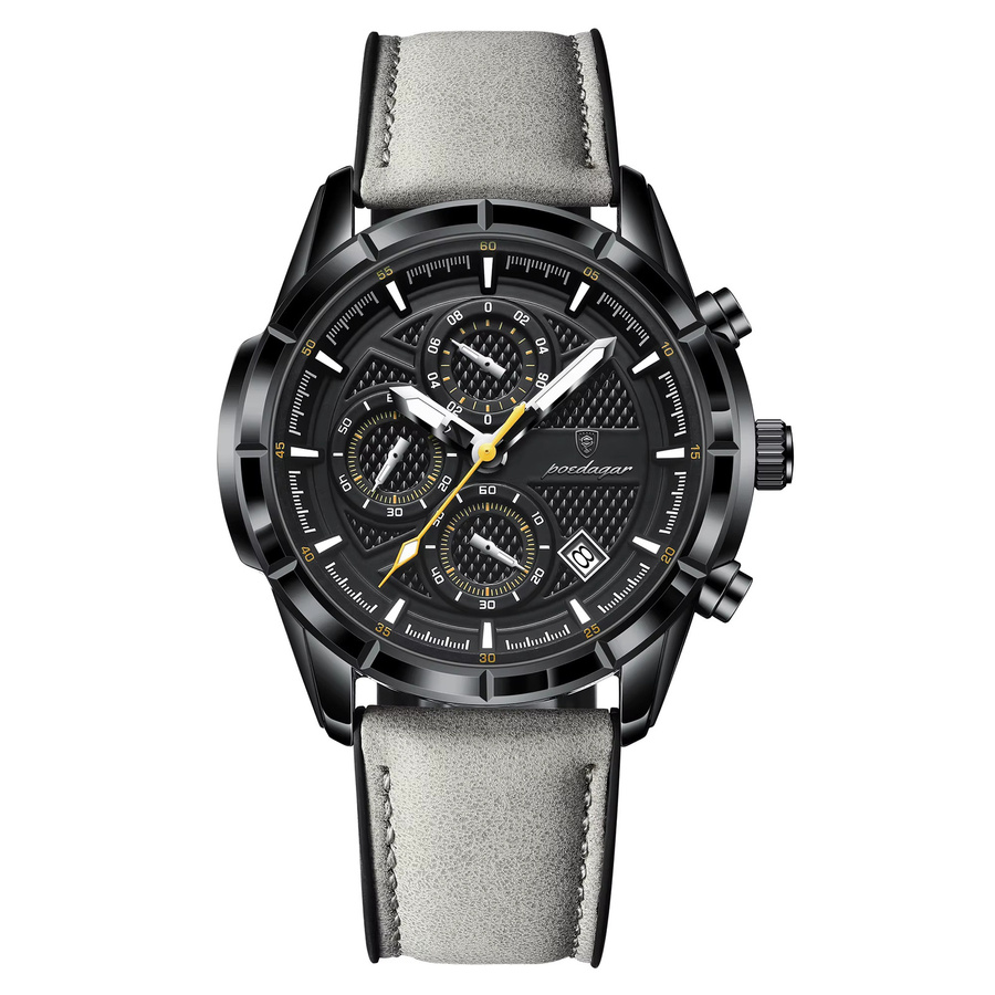 POEDAGAR Armbanduhr, Quarz, Leder, Schwarz, Chronograph, Herren - Bild 7