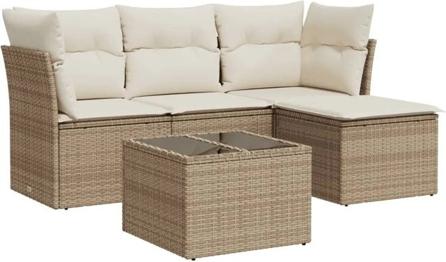 vidaXL 5-tlg. Garten-Sofagarnitur in L-Form aus Poly-Rattan und pulverbeschichtetem Stahl mit Kissen in Beige - Bild 1