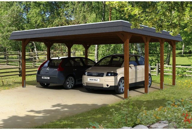 Skan Holz Doppelcarport Spreewald aus Nadelholz in Nussbaum Braun mit flacher Dachform und Regenrinne, Breite: 585 cm, Tiefe: 589 cm, Höhe: 250 cm - Bild 1