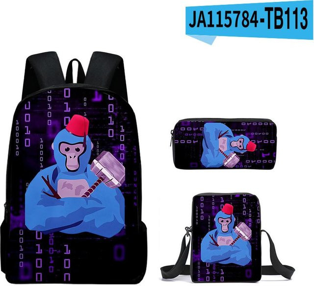 3er Set Schultaschen für Kinder mit 3D Gorilla Tag Motiv inklusive Rucksack, Umhängetasche und Federmäppchen in Blau von Fancy Style Studio - Bild 1