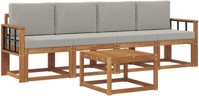 vidaXL Outdoor-Sofagarnitur aus Akazienholz mit 5 Teilen und Kissen in Natur und Grau - Bild 1