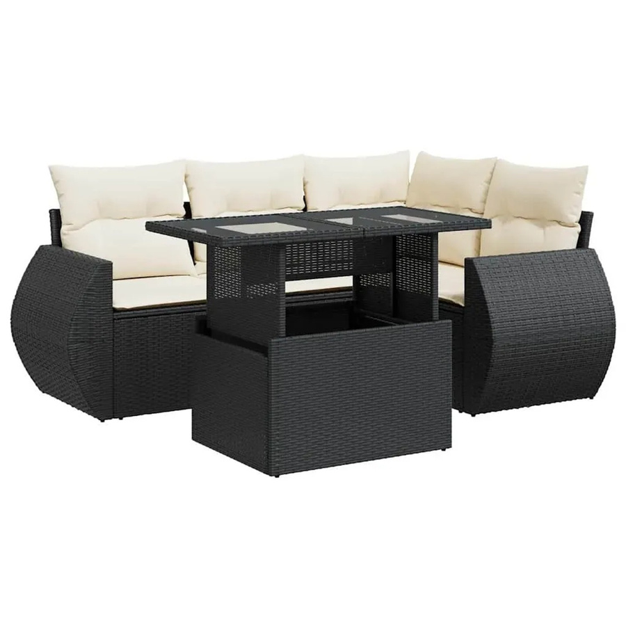 vidaXL 5-teilige Garten-Sofagarnitur in L-Form aus schwarzem Poly-Rattan mit Kissen und pulverbeschichtetem Stahlgestell - Bild 2