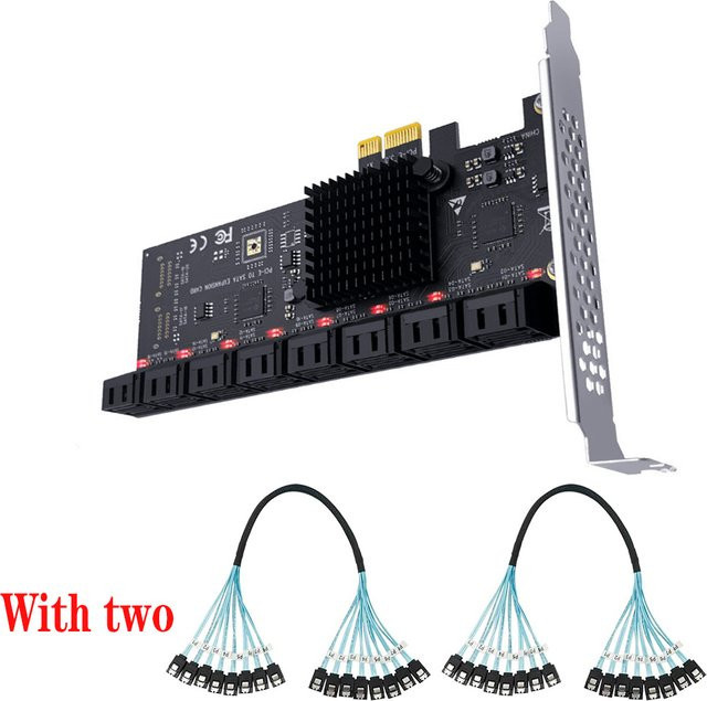 JoniSerl SATA-Erweiterungskarte PCIe x1 auf 16-Port SATA 3.0 SSD 6 Gbit/s Controller-Adapterkarte in Schwarz mit 2 x 8-Port Kabeln - Bild 1