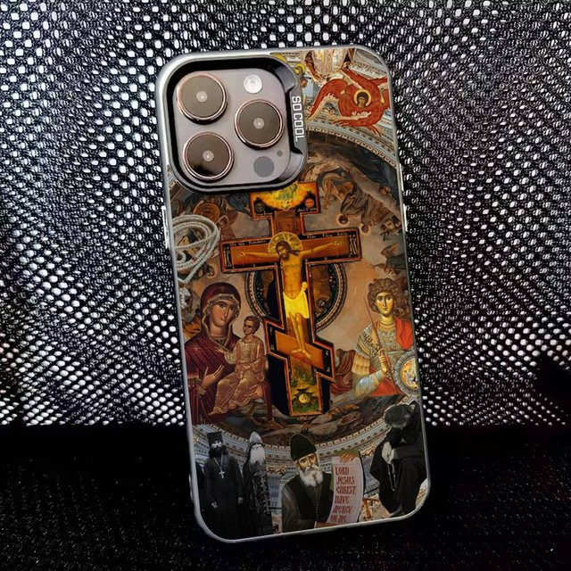 Handyhülle mit Orthodoxem Kreuz Icon für Apple iPhone 16, 15, 14, 13, 12, 11, XS, SE, Pro, Max, Plus, Mini in Schwarz Matt mit Anti-Fall Schutz - Bild 1