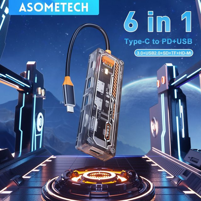 ASOMETECH 6 in 1 USB-C Hub mit HDMI 4K, TF-Slot und 100W PD für MacBook Pro, Laptop und Tablet, USB 3.0 Adapter in Transparent-Optik - Bild 1