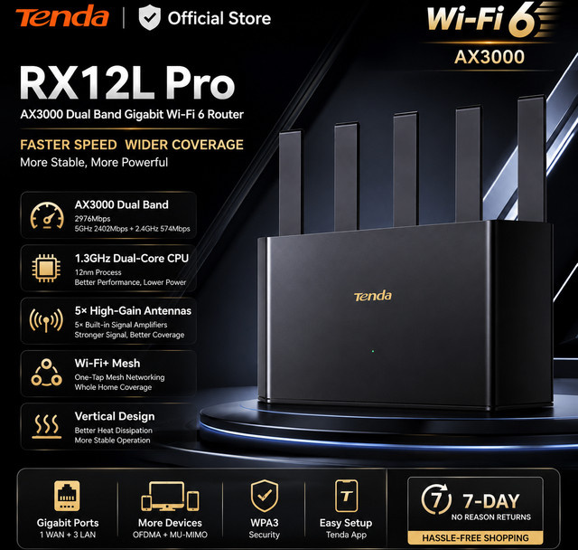 Tenda RX12L Pro AX3000 WiFi 6 Dual-Band Gigabit WLAN-Router in Schwarz - Bild 1