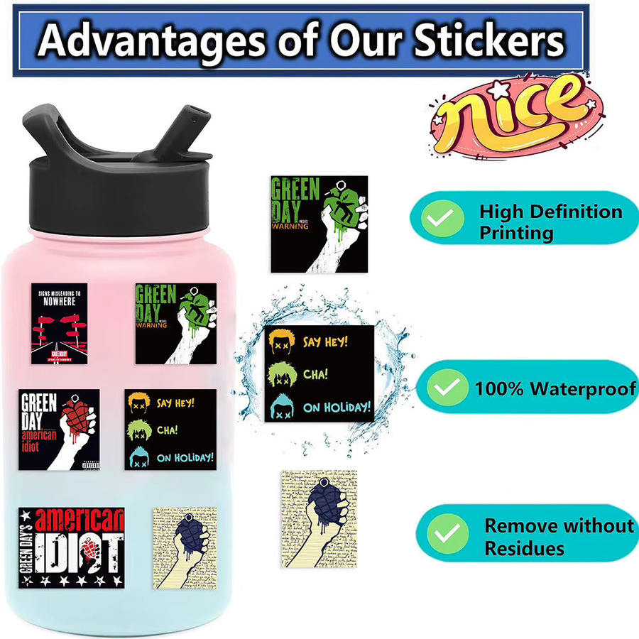100 Stück Green Day Rockband Aufkleber aus wasserfestem PVC in Multicolour für Gitarre, Gepäck und Notizbuch von Papery Pop Store - Bild 3