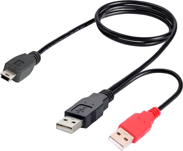 HDmatters USB 2.0 Y-Kabel mit 2 x USB-A auf Mini-B 5-Pin für externe Festplatten, Schwarz - Bild 1