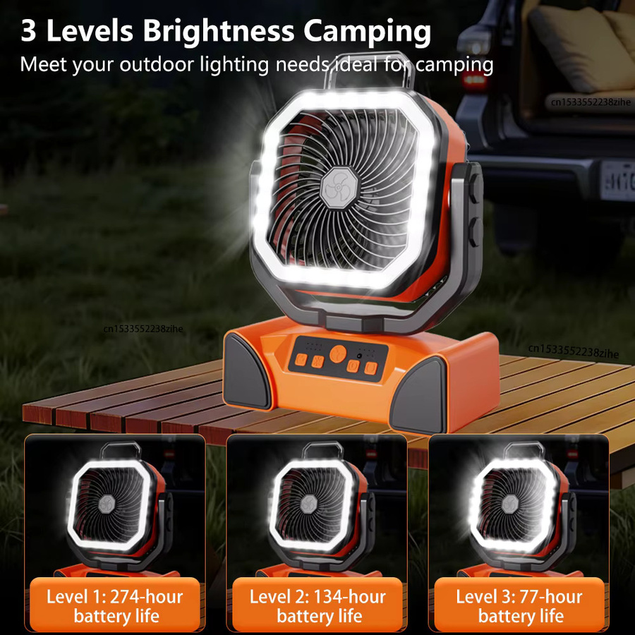 Raugee Campingventilator mit 40000mAh Akku, tragbarer USB-wiederaufladbarer Tischventilator und Deckenventilator mit LED-Licht und Fernbedienung, Schwarz/Orange - Bild 4