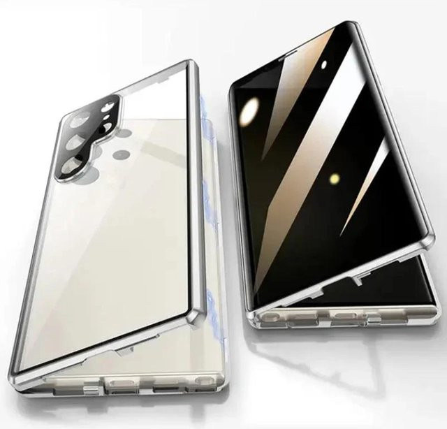 FUCHU Magnetische Sichtschutzhülle mit Metallrahmen für Samsung Galaxy S26 Ultra S25 S24 FE S23 S22 S21 Plus A55 A56 A37 A17 in Silber - Bild 1