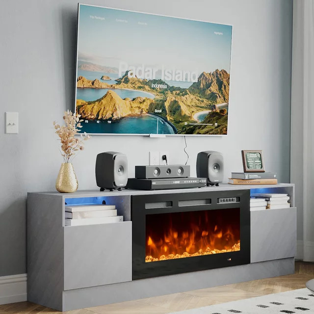 Mochen Moderner LED-TV-Schrank aus Holz mit integriertem elektrischem Kamin und Beleuchtung in Schwarz - Bild 1
