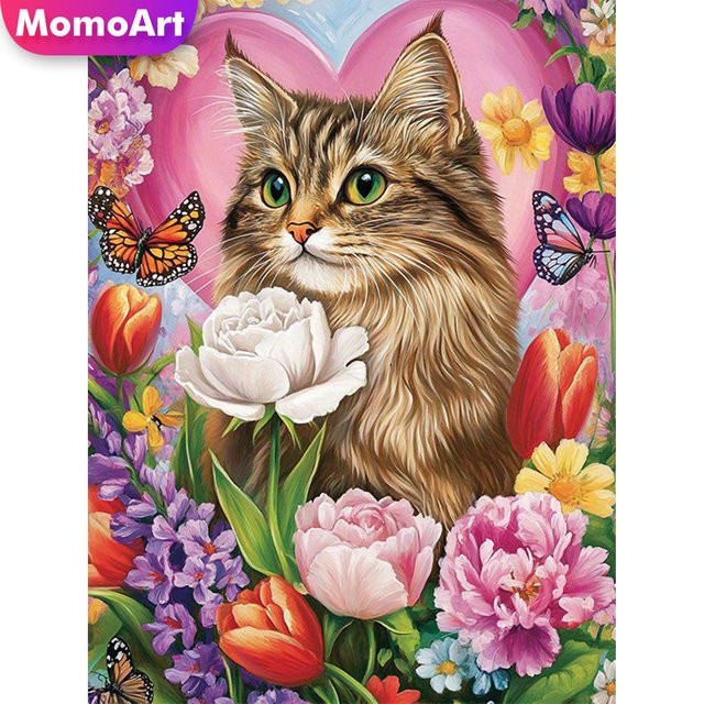 Momoart Diamond Painting DIY Set Katze mit Pfingstrosen Blumen in Multicolour aus Acryl, Breite: 20,0 cm, Höhe: 30,0 cm - Bild 1