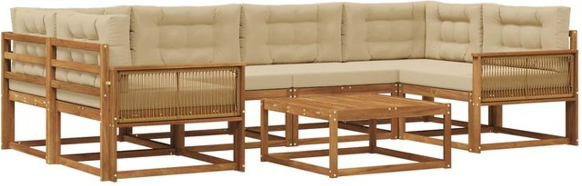 vidaXL Outdoor-Sofagarnitur aus Akazie Holz mit Kissen, 7-teiliges Loungemöbel-Set in Natur und Beige - Bild 1