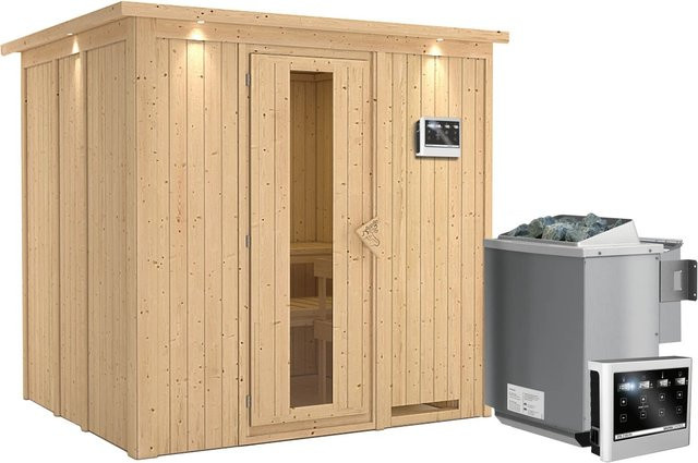 Karibu Sauna SODIN aus Fichte und Espe mit 9,0 kW Bio-Kombiofen, externem Steuergerät, Dachkranz und Energiespartür, B/T/H: 196 x 17 x 2,10 m - Bild 1