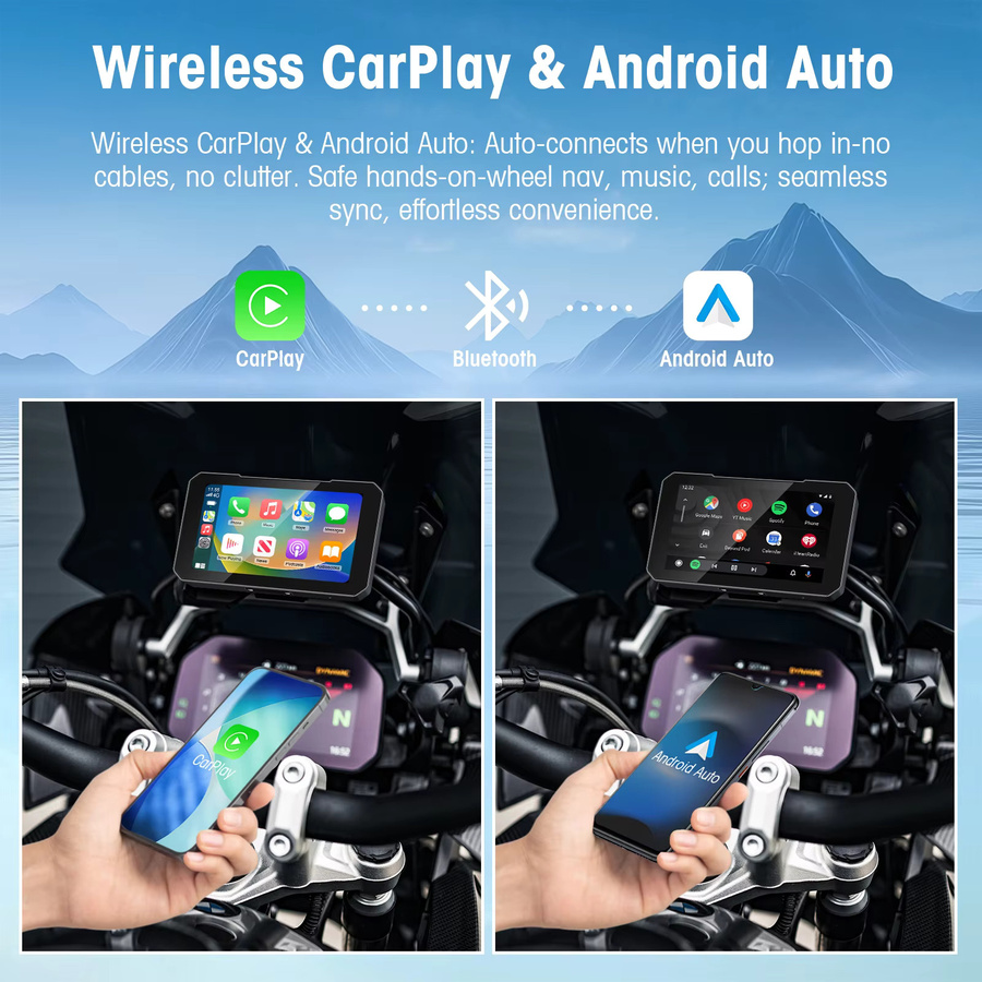 Ezonetronics HD 5 Zoll Touchscreen Motorrad CarPlay Bildschirm mit kabellosem CarPlay und Android Auto, IP67 wasserdicht, Schwarz - Bild 2
