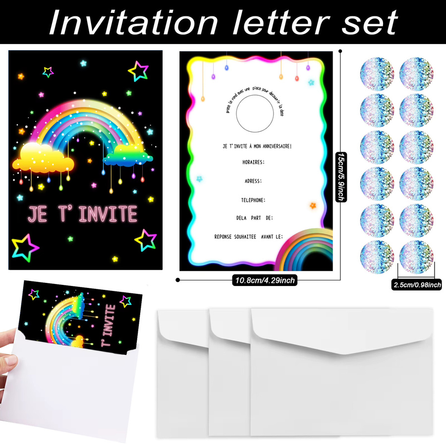 12-teiliges Set Geburtstagseinladungen mit Regenbogen- und Sternenmotiv, inklusive Kratzaufklebern und Umschlägen in Multicolor - Bild 3