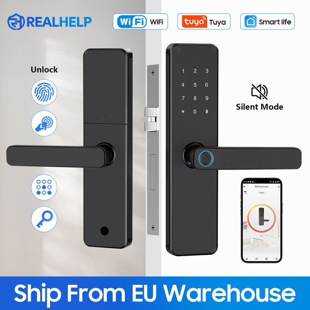 5-in-1 Elektronisches Smart Lock in Schwarz mit Fingerabdruck, biometrischem Wi-Fi und Tuya-App-Fernbedienung für Türschlössse mit einer Dicke von 35–60 mm - Bild 1
