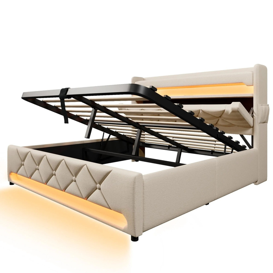 Merax Polsterbett mit LED-Unterbettbeleuchtung und USB-C Ladestation in Beige, B/T/H: 160 x 200 x 111 cm - Bild 2