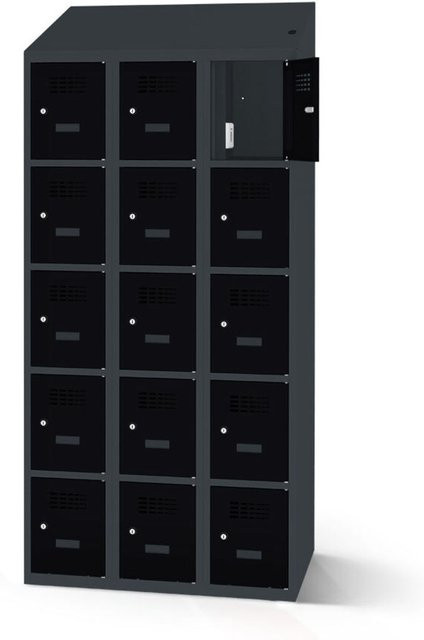 rotstahl Fächerschrank mit Ladefunktion aus Stahlblech, 15 Fächer, anthrazitgrauer Korpus und schwarze Türen, B: 90 cm, H: 200 cm - Bild 1