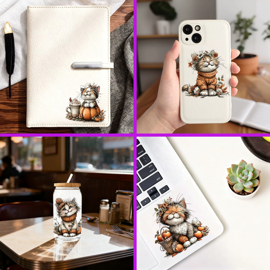 24er Set UV DTF Transferaufkleber mit herbstlichem Katzen-Design für 16oz Glas-Wasserflaschen, Mehrfarbig - Bild 4