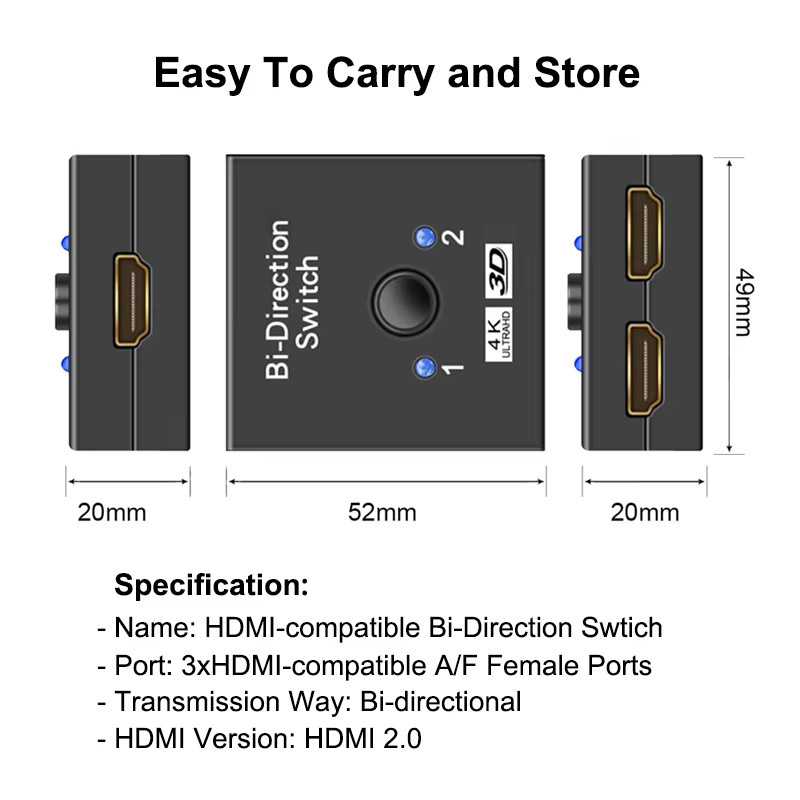 IPUMYNO HDMI 2.0 Switch 2x1 1x2 bidirektionaler Umschalter 4K Splitter in Schwarz - Bild 5