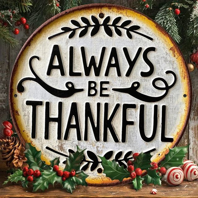 Potdemiel Metallwandschild Always Be Thankful in Weiß mit rustikalem Weihnachtskranz-Design, Durchmesser: 20,32 cm - Bild 1