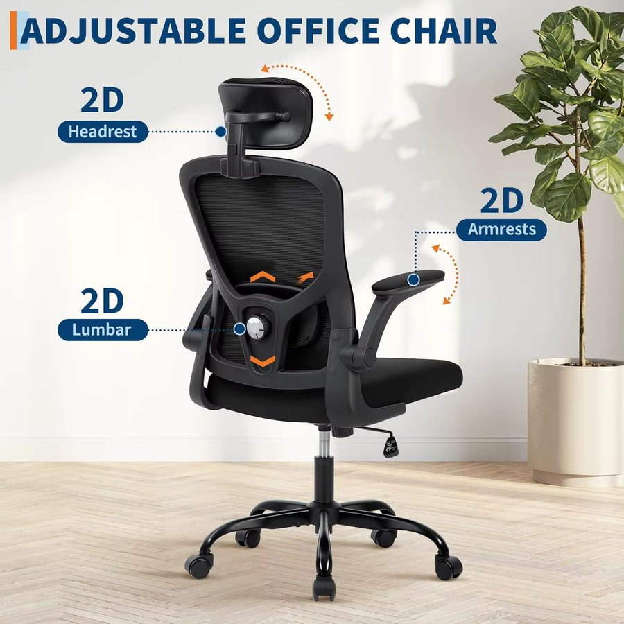 Ergonomischer HobbyLane Bürostuhl aus Netzstoff in Schwarz mit hoher Rückenlehne, verstellbarer Kopfstütze und Lordosenstütze - Bild 3