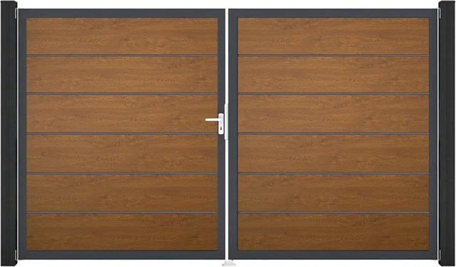GroJa Tor Basicline Premium 2-flügelig Golden Oak B: 306 cm, H: 180 cm DIN Links - Bild 1