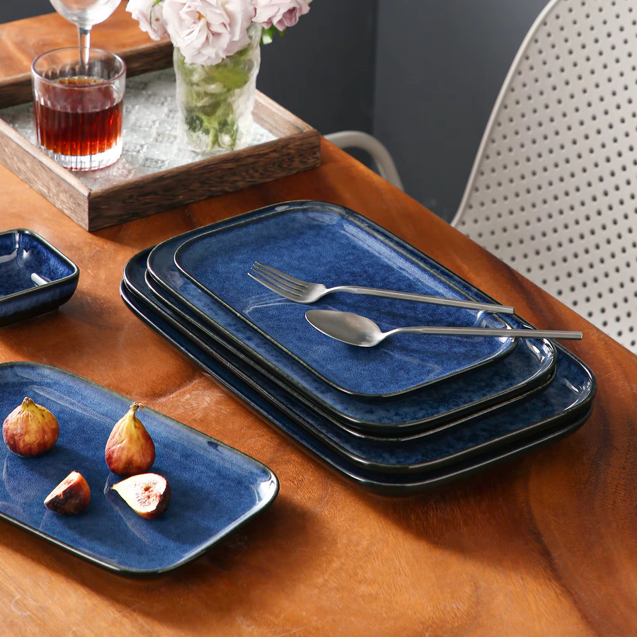 Vancasso Servierteller-Set aus Steinzeug in Blau, rechteckige Speise-, Kuchen- und Dessertteller - Bild 5