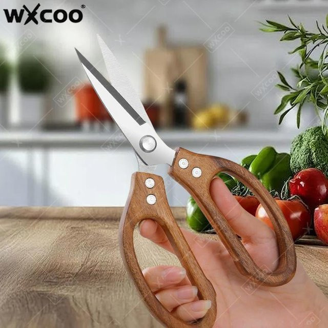 WXCOO Multifunktionale Küchenschere aus Edelstahl mit Akazienholzgriff in Braun zum Schneiden von Fleisch und Fisch - Bild 1