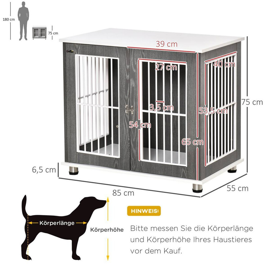 PawHut Hundekäfig in modernem Design aus Holz und Metall, Grau/Weiß - Bild 2