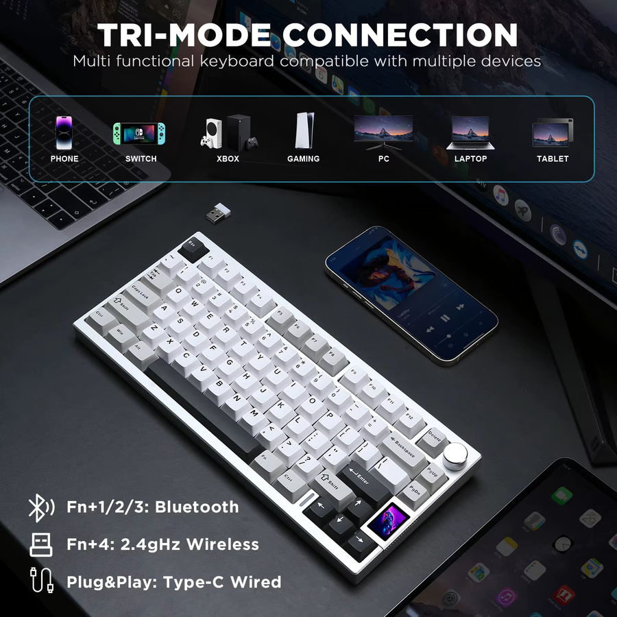 YUNZII AL80 Mechanische Gaming-Tastatur in Silber, kabellos mit Bluetooth, CNC-Aluminium-Gehäuse, LCD-Display und Hot-Swap-Funktion, QMK/VIA-kompatibel - Bild 5