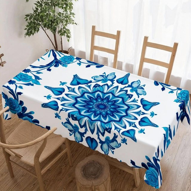 JINGYUE Pet Rechteckige Tischdecke mit blauem Blumen-Mandala Design, wasserabweisend und waschbar, B/T: 140 x 140 cm - Bild 1