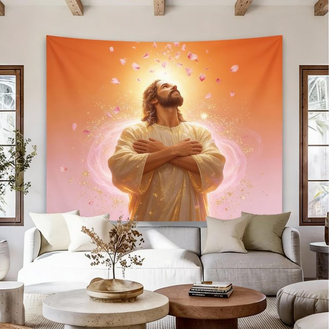 Religiöser Wandteppich mit Taube und Jesus von JMG Household Supplies, orangefarbene Wanddekoration für Wohnzimmer oder Büro, Breite: 70 cm, Höhe: 100 cm - Bild 1