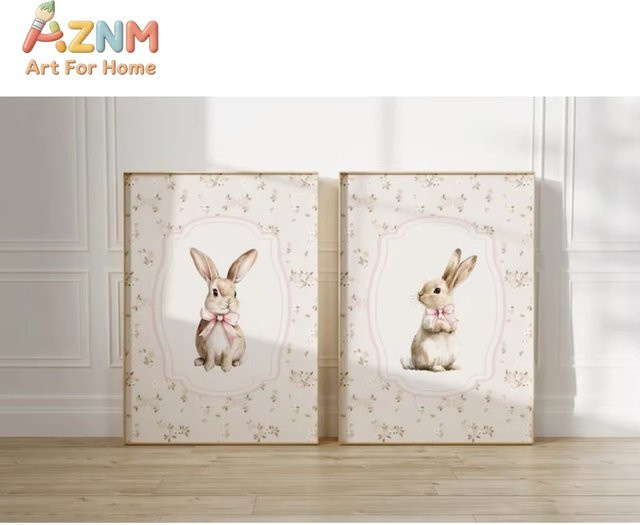AZNM Rahmenlose Wandkunst Canvas mit rosa Blumen und Hasenmotiv in Pink und Multicolour, Shabby Chic Wandbild für dein Wohnzimmer - Bild 1